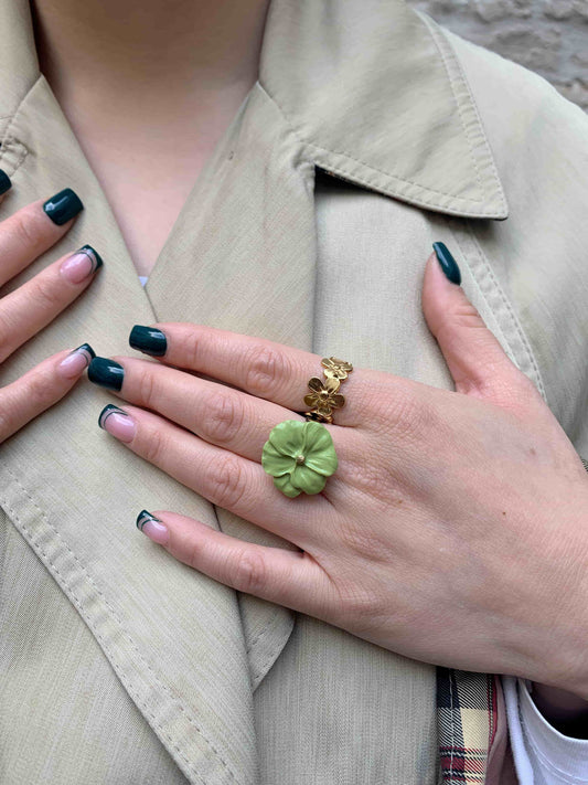 Flower Power ring - Poppy - Olive green